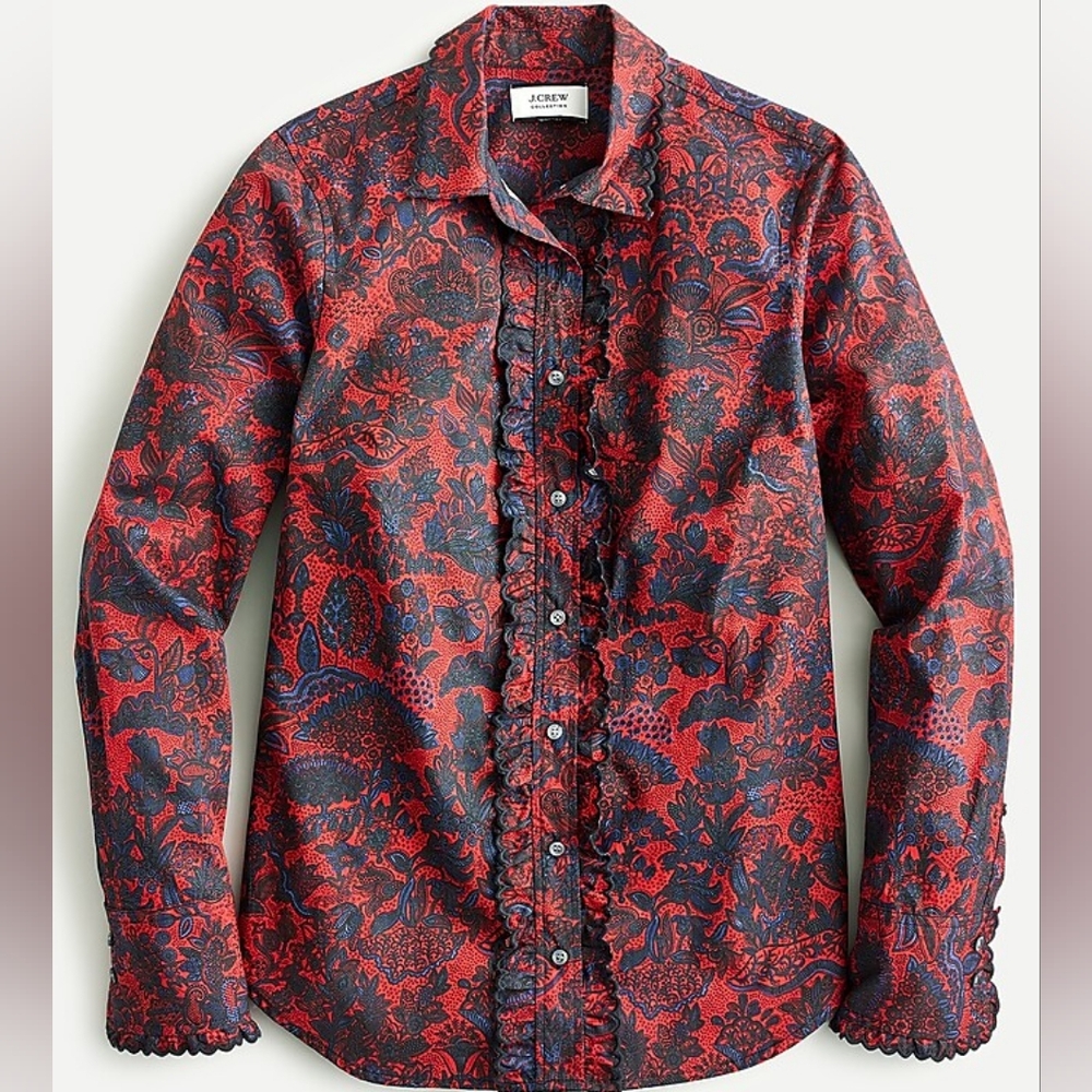 ⚓ J. Crew Collection Scallop-ruffle Perfect Shirt in Poinsettia Paisley